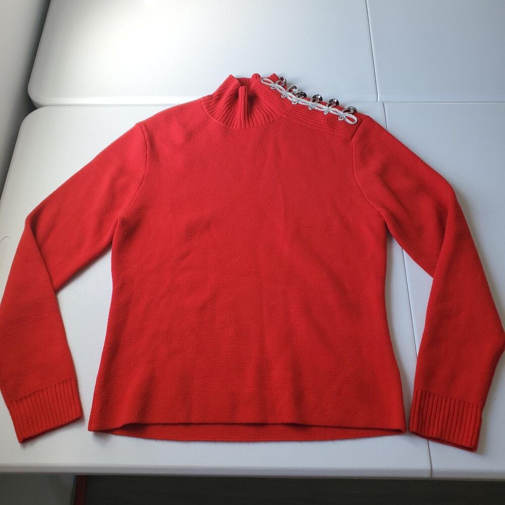 Rabanne H&M Sweater Womens XL Red 100% Wool Mock Neck Button Shoulder Pullover
